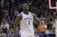 Duke's Zion Williamson (1) celebrates after Duke defeated Florida State in the NCAA college basketball championship game of the Atlantic Coast Conference tournament in Charlotte, N.C., Saturday, March 16, 2019. (AP Photo/Nell Redmond)