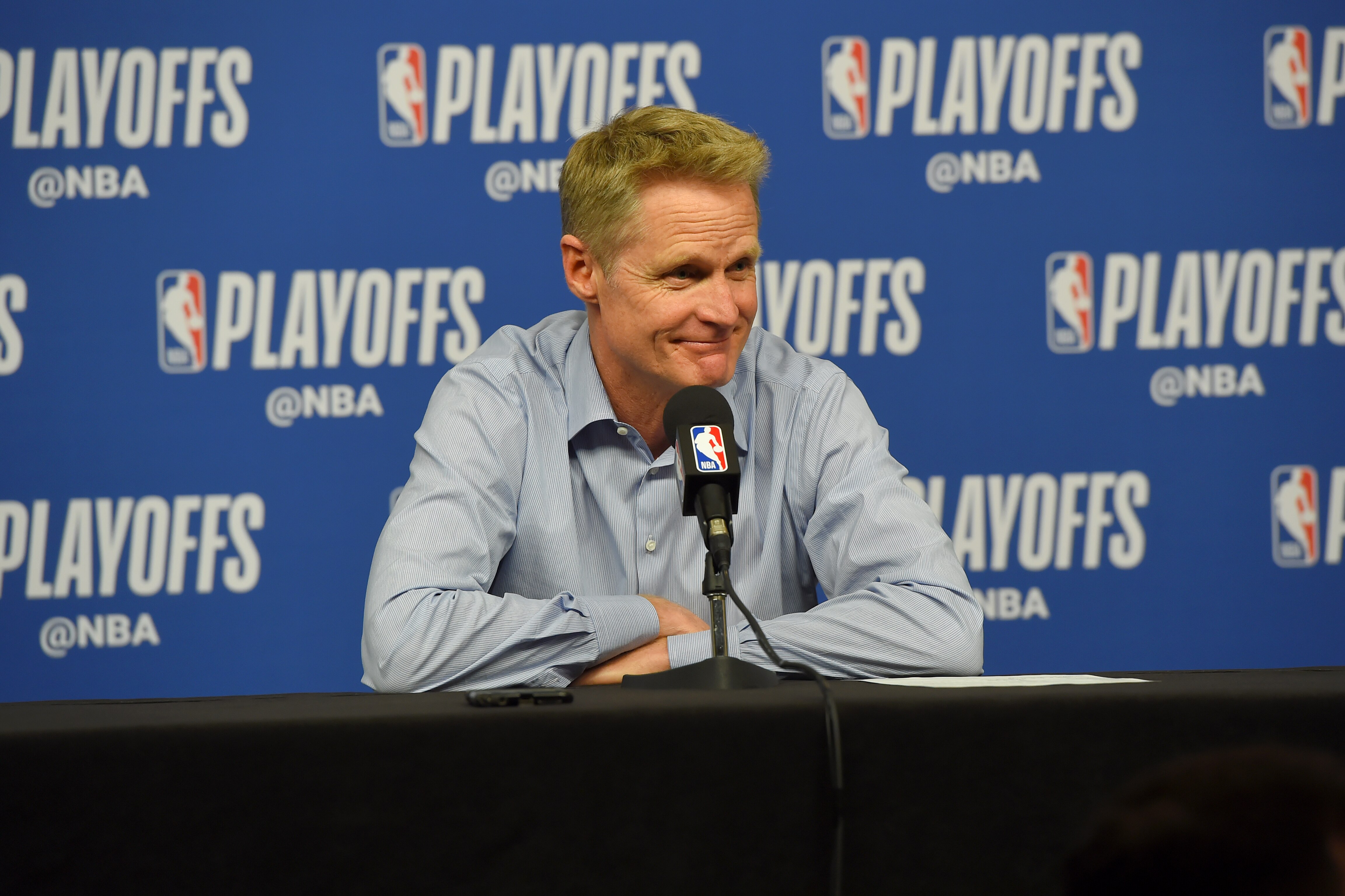 HOUSTON, TX - MAY 6:  Head Coach Steve Kerr speaks with the media after Game Four of the Western Conference Semifinals of the 2019 NBA Playoffs against the Houston Rockets on May 6, 2019 at the Toyota Center in Houston, Texas. NOTE TO USER: User expressly acknowledges and agrees that, by downloading and/or using this photograph, user is consenting to the terms and conditions of the Getty Images License Agreement. Mandatory Copyright Notice: Copyright 2019 NBAE (Photo by Bill Baptist/NBAE via Getty Images)