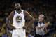 Golden State Warriors' Kevin Durant, left, walks away from referee Ken Mauer during the first half of Game 5 of the team's second-round NBA basketball playoff series against the Houston Rockets on Wednesday, May 8, 2019, in Oakland, Calif. (AP Photo/Ben Margot)