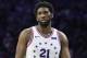Philadelphia 76ers' Joel Embiid in action during the second half of Game 4 of a second-round NBA basketball playoff series against the Toronto Raptors, Sunday, May 5, 2019, in Philadelphia. Raptors won 101-96. (AP Photo/Chris Szagola)