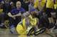 DeMarcus Cousins, the center of the Golden State Warriors, reacts after falling to the ground during the first part of the second game of an NBA basketball playoff series in the first round against the Los Angeles Clippers in Oakland, CA , Monday, April 15, 2019. (AP Photo / Jeff Chiu)