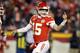 Kansas City Chiefs quarterback Patrick Mahomes (15) during the second half of the AFC Championship NFL football game, Sunday, Jan. 20, 2019, in Kansas City, Mo. (AP Photo/Charlie Neibergall)