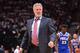 TORONTO, CANADA - APRIL 29: Head Coach Brett Brown of the Philadelphia 76ers looks on against the Toronto Raptors during Game Two of the Eastern Conference Semifinals of the 2019 NBA Playoffs on April 29, 2019 at Scotiabank Arena in Toronto, Ontario, Canada. NOTE TO USER: User expressly acknowledges and agrees that, by downloading and/or using this photograph, user is consenting to the terms and conditions of the Getty Images License Agreement. Mandatory Copyright Notice: Copyright 2019 NBAE (Photo by Jesse D. Garrabrant/NBAE via Getty Images)