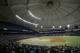 The Houston Astros play the Texas Rangers during the third inning of a baseball game at Tropicana Field on Tuesday, Aug. 29, 2017, in St. Petersburg, Fla. The Astros moved their three-game home series against the Rangers to St. Petersburg because of unsafe conditions from Hurricane Harvey. (AP Photo/Chris O'Meara)