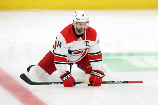 BOSTON, MASSACHUSETTS - MAY 09: Justin Williams #14 of the Carolina Hurricanes stretches prior to Game One of the Eastern Conference Final against the Boston Bruins during the 2019 NHL Stanley Cup Playoffs at TD Garden on May 09, 2019 in Boston, Massachusetts. (Photo by Bruce Bennett/Getty Images)