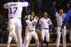 CHICAGO, ILLINOIS - MAY 07: (L-R) Javier Baez #9, Jason Heyward #22, Kyle Schwarber #12 and Anthony Rizzo #44 of the Chicago Cubs wait for Kris Bryant #17 to cross the plate after he hit the game-winning three run home run in the bottom of the 9th inning against the Miami Marlins at Wrigley Field on May 07, 2019 in Chicago, Illinois. The Cubs defeated the Marlins 5-2. (Photo by Jonathan Daniel/Getty Images)