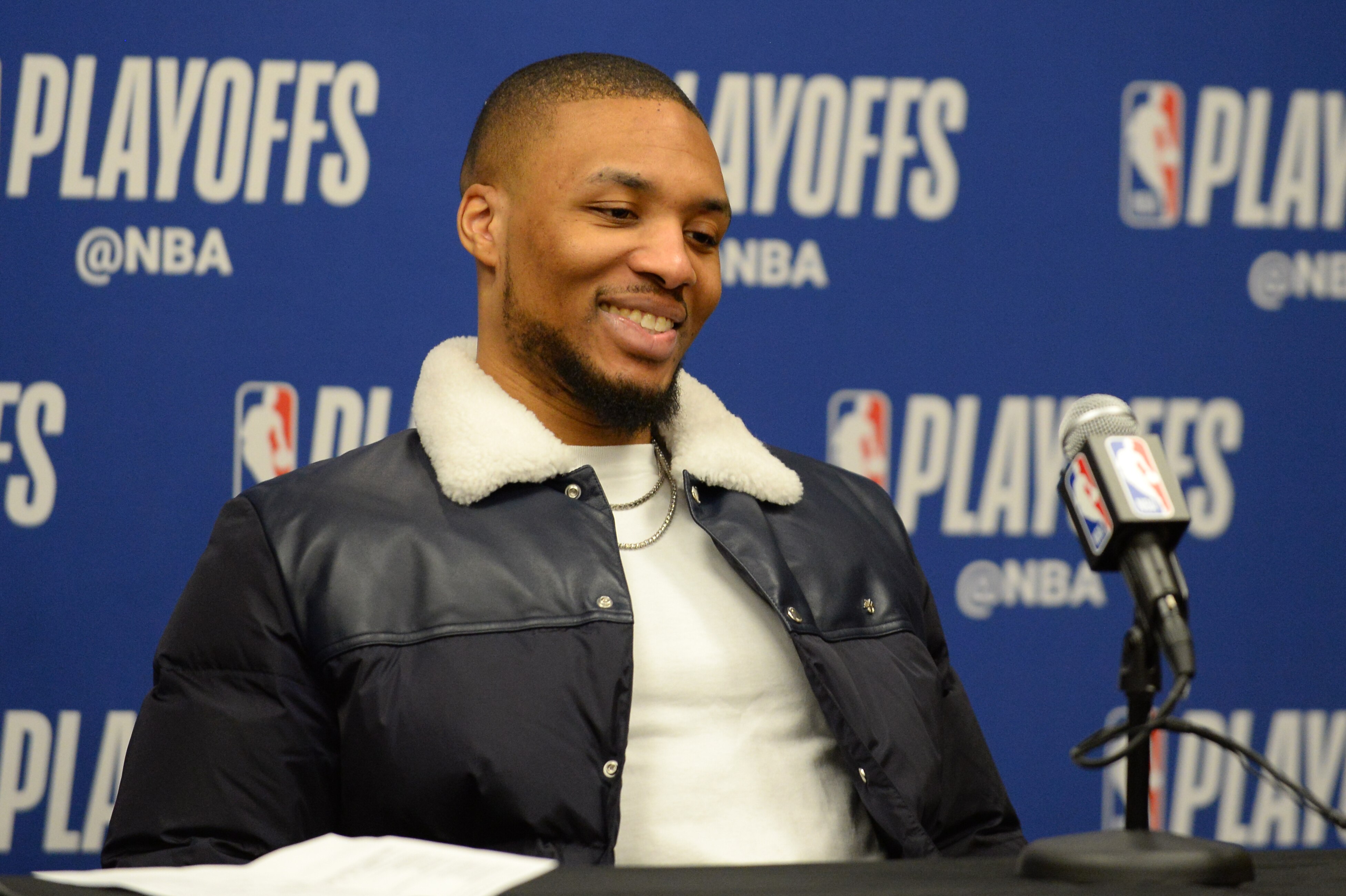 DENVER, CO - MAY 12: Damian Lillard #0 of the Portland Trail Blazers talks with the media after the game against the Denver Nuggets during Game Seven of the Western Conference Semifinals of the 2019 NBA Playoffs on May 12, 2019 at the Pepsi Center in Denver, Colorado. NOTE TO USER: User expressly acknowledges and agrees that, by downloading and/or using this Photograph, user is consenting to the terms and conditions of the Getty Images License Agreement. Mandatory Copyright Notice: Copyright 2019 NBAE (Photo by Bart Young/NBAE via Getty Images)