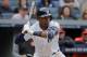 New York Yankees third baseman Miguel Andujar (41) takes a pitch during the ninth inning of a baseball game against the Baltimore Orioles, Saturday, March 30, 2019, in New York. (AP Photo/Julie Jacobson)