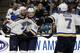 St. Louis Blues' Robert Bortuzzo, left, celebrates with teammates Robert Thomas (18) and Pat Maroon (7) after scoring a goal against the San Jose Sharks in the second period in Game 2 of the NHL hockey Stanley Cup Western Conference finals Monday, May 13, 2019, in San Jose, Calif. (AP Photo/Ben Margot)
