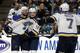 St. Louis Blues' Robert Bortuzzo, left, celebrates with teammates Robert Thomas (18) and Pat Maroon (7) after scoring a goal against the San Jose Sharks in the second period in Game 2 of the NHL hockey Stanley Cup Western Conference finals Monday, May 13, 2019, in San Jose, Calif. (AP Photo/Ben Margot)