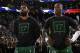 BOSTON, MA - MAY 3: Kyrie Irving, No. 11 and Terry Rozier, No. 12 Boston Celtics defend the national anthem before the third game of the semifinals of the Eastern Conference against the Milwaukee Bucks in the NBA 2019 playoffs on May 3, 2019 at TD Garden in Boston, Massachusetts. NOTE TO THE USER: The user acknowledges and expressly agrees that, by downloading and / or using this photo, the user consents to the terms and conditions of the Getty Images License Agreement. Compulsory Copyright Notice: Copyright 2019 NBAE (Photo by Brian Babineau / NBAE via Getty Images)