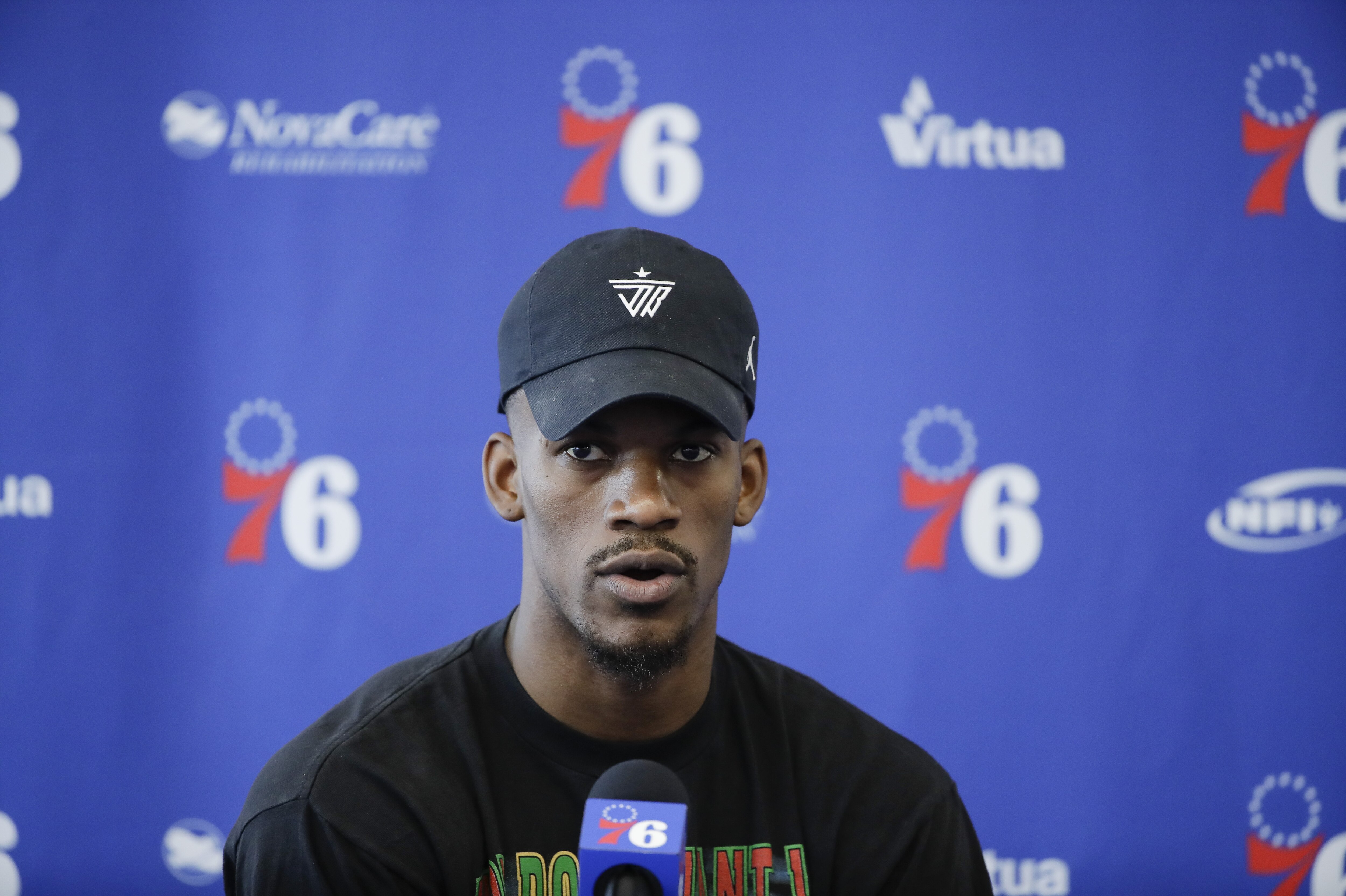 Philadelphia 76ers' Jimmy Butler speaks with members of the media during a news conference at the NBA basketball team's practice facility in Camden, N.J., Monday, May 13, 2019. (AP Photo/Matt Rourke)