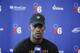 Philadelphia 76ers' Jimmy Butler speaks with members of the media during a news conference at the NBA basketball team's practice facility in Camden, N.J., Monday, May 13, 2019. (AP Photo/Matt Rourke)