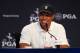BETHPAGE, NEW YORK - MAY 14: Tiger Woods of the United States speaks to the media during a press conference prior to the 2019 PGA Championship at the Bethpage Black course on May 14, 2019 in Bethpage, New York. (Photo by Mike Ehrmann/Getty Images)