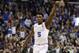 Duke forward RJ Barrett (5) reacts after scoring against Michigan State during the second half of an NCAA men's East Regional final college basketball game in Washington, Sunday, March 31, 2019. (AP Photo/Alex Brandon)