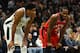 MILWAUKEE, WISCONSIN - JANUARY 05: Giannis Antetokounmpo #34 of the Milwaukee Bucks and Kawhi Leonard #2 of the Toronto Raptors wait for a free throw during a game at Fiserv Forum on January 05, 2019 in Milwaukee, Wisconsin. NOTE TO USER: User expressly acknowledges and agrees that, by downloading and or using this photograph, User is consenting to the terms and conditions of the Getty Images License Agreement. (Photo by Stacy Revere/Getty Images)
