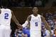 Duke's RJ Barrett (5) and Cam Reddish (2) react during the first half of an NCAA college basketball game against against Miami in Durham, N.C., Saturday, March 2, 2019. (AP Photo/Gerry Broome)