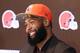 Cleveland Browns' Odell Beckham answers questions during a news conference Monday, April 1, 2019, in Berea, Ohio. (AP Photo/Ron Schwane)