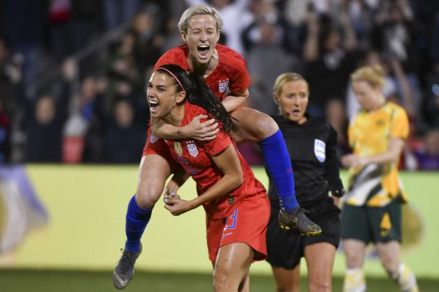 COMMERCE CITY, CO - APRIL 4: Alex Morgan #13 of the United States celebrates with Megan Rapinoe #15 after scoring her 100th international goal against Australia at Dick's Sporting Goods Park on April 4, 2019 in Commerce City, Colorado. (Photo by Michael Ciaglo/Getty Images)