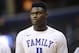 FILE - In this March 31, 2019, file photo, Duke forward Zion Williamson warms up before the start of an NCAA men's East Regional final college basketball game against Michigan State, in Washington. The player widely projected to be the NBA draft’s top overall pick came up at a college basketball corruption trial as jurors heard a recording of a Clemson coach who seemed eager for help recruiting him. The charismatic Zion Williamson played one year at Duke before entering the draft scheduled for June. (AP Photo/Patrick Semansky, File)