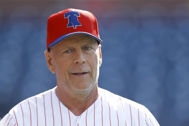 Actor Bruce Willis watches batting practice before a baseball game between the Philadelphia Phillies and the Milwaukee Brewers, Wednesday, May 15, 2019, in Philadelphia. (AP Photo/Matt Slocum)