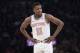 New York Knicks guard Frank Ntilikina during a pause in action during the first half of an NBA basketball game against the Denver Nuggets, Friday, March 22, 2019, at Madison Square Garden in New York. (AP Photo/Mary Altaffer)