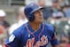 New York Mets' Michael Conforto (30) follows the flight of his home run in the first inning during an exhibition spring training baseball game against the Miami Marlins on Saturday, March 16, 2019, in Jupiter, Fla. (AP Photo/Brynn Anderson)