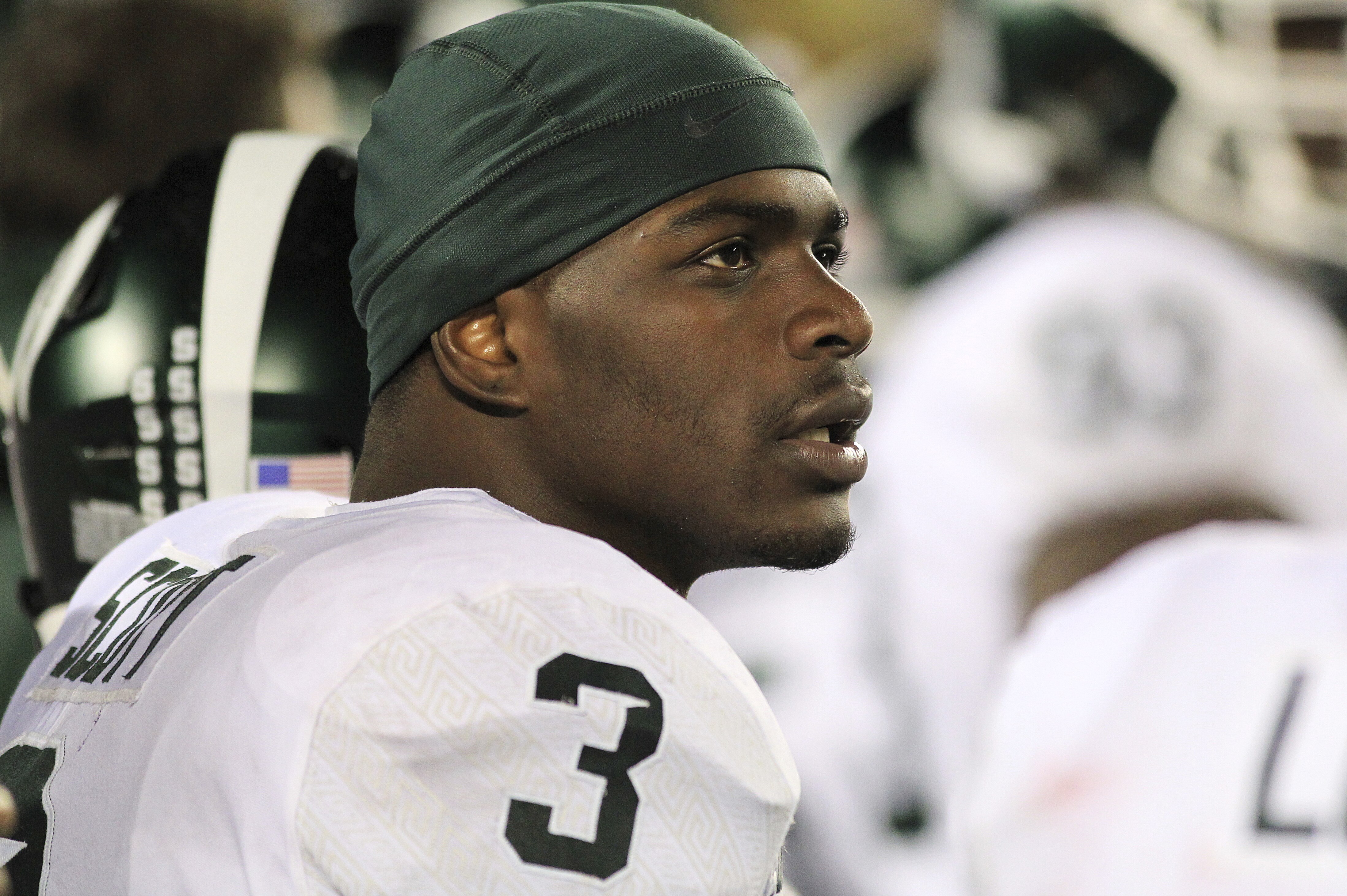 Michigan State running back L.J. Scott (3) watches from the sideline against Minnesota in the third quarter of an NCAA college football game Saturday, Oct. 14, 2017, in Minneapolis. Michigan State defeated Minnesota 30-27. (AP Photo/Andy Clayton-King)
