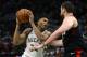 MILWAUKEE, WISCONSIN - MAY 15: Giannis Antetokounmpo #34 of the Milwaukee Bucks dribbles the ball while being guarded by Marc Gasol #33 of the Toronto Raptors in the fourth quarter in Game One of the Eastern Conference Finals of the 2019 NBA Playoffs at the Fiserv Forum on May 15, 2019 in Milwaukee, Wisconsin. NOTE TO USER: User expressly acknowledges and agrees that, by downloading and or using this photograph, User is consenting to the terms and conditions of the Getty Images License Agreement. (Photo by Jonathan Daniel/Getty Images)