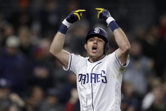 San Diego Padres' Ian Kinsler celebrates after hitting a three-run home run during the sixth inning of the team's baseball game against the Pittsburgh Pirates, Thursday, May 16, 2019, in San Diego. (AP Photo/Gregory Bull)