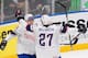 Norway's defender Christian Bull (L) and Norway's forward Andreas Martinsen celebrate after scoring during the IIHF Men's Ice Hockey World Championships Group B match between Norway and Austria on May 17, 2019 in Bratislava. (Photo by VLADIMIR SIMICEK / AFP) (Photo credit should read VLADIMIR SIMICEK/AFP/Getty Images)