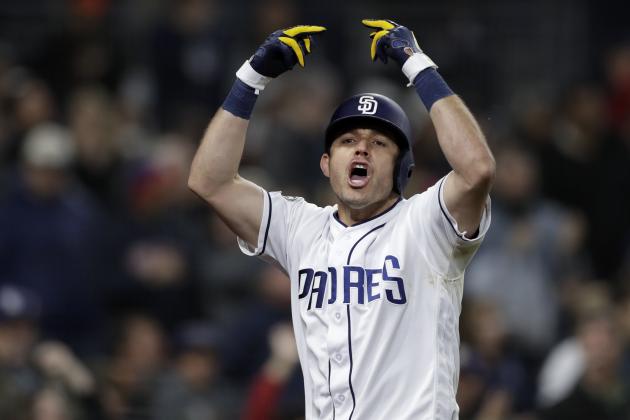 San Diego Padres' Ian Kinsler celebrates after hitting a three-run home run during the sixth inning of the team's baseball game against the Pittsburgh Pirates, Thursday, May 16, 2019, in San Diego. (AP Photo/Gregory Bull)