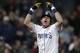 San Diego Padres' Ian Kinsler celebrates after hitting a three-run home run during the sixth inning of the team's baseball game against the Pittsburgh Pirates, Thursday, May 16, 2019, in San Diego. (AP Photo/Gregory Bull)