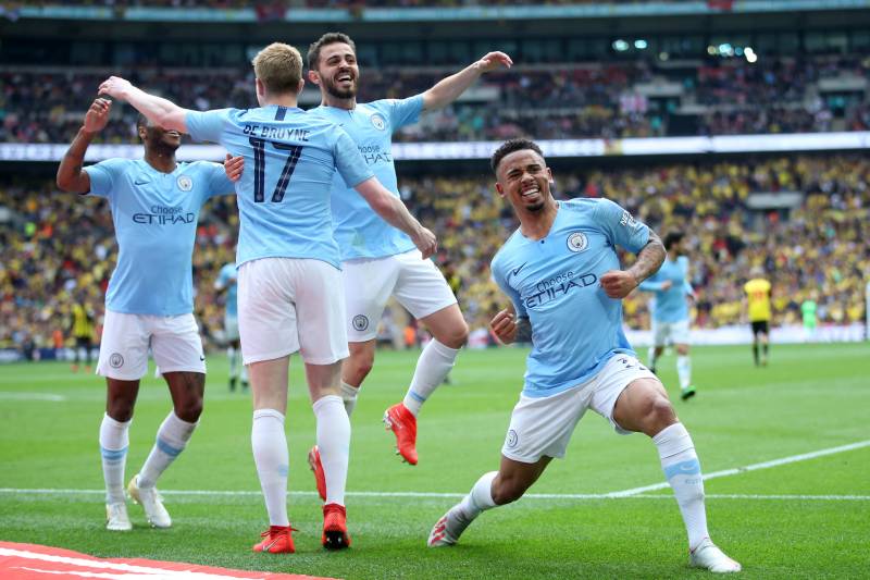 LONDON, ENGLAND - MAY 18: Kevin De Bruyne of Manchester City celebrates after scoring his team's third goal with teammate Gabriel Jesus during the FA Cup Final match between Manchester City and Watford at Wembley Stadium on May 18, 2019 in London, England. (Photo by Alex Morton/Getty Images)