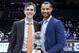 UNIOUNDALE, NY - MARCH 29: Will Weaver named NBA G-League Head Coach of the year and Trajan Langdon named G-League basketball executive of the year presented by President Shareef Abdur-Rahim before the Long Island Nets v Raptors 905 during an NBA G-League playoff game on March 29, 2019 at NYCB Live! Home of the Nassau Veterans Memorial Coliseum in Uniondale, New York. NOTE TO USER: User expressly acknowledges and agrees that, by downloading and or using this photograph, User is consenting to the terms and conditions of the Getty Images License Agreement. Mandatory Copyright Notice: Copyright 2019 NBAE (Photo by Michelle Farsi/NBAE via Getty Images)