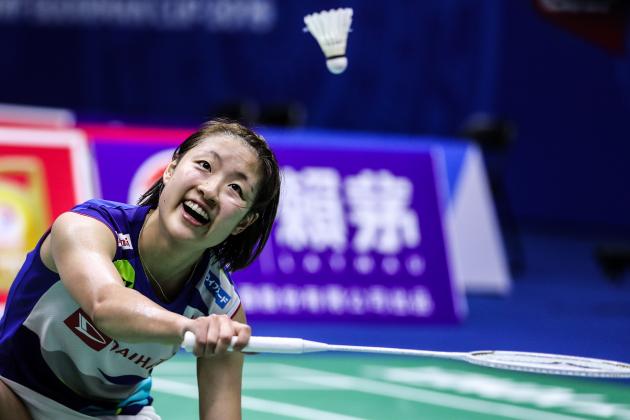 NANNING, CHINA - MAY 20: Nozomi Okuhara of Japan reacts in the Women's Single match against Natalia Perminova of Russia during day two of the Sudirman Cup at Guangxi Sports Center on May 20, 2019 in Nanning, China. (Photo by Shi Tang/Getty Images)