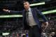 Minnesota Timberwolves coach Ryan Saunders argues for a call during the second half of the team's NBA basketball game against the Denver Nuggets on Wednesday, April 10, 2019, in Denver. The Nuggets won 99-95. (AP Photo/David Zalubowski)
