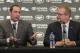 New York Jets new NFL football head coach Adam Gase, left, speaks while general manager Mike Maccagnan looks on during a news conference in Florham Park, N.J., Monday, Jan. 14, 2019. (AP Photo/Seth Wenig)