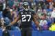 Jacksonville Jaguars running back Leonard Fournette reacts during the first half of an NFL football game against the Buffalo Bills, Sunday, Nov. 25, 2018, in Orchard Park, N.Y. (AP Photo/Jeffrey T. Barnes)