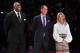 LOS ANGELES, CA - DECEMBER 18: (L-R) Magic Johnson, Rob Pelinka and Jeanie Buss attend Kobe Bryant's jersey retirement ceremony during a basketball game between the Los Angeles Lakers and the Golden State Warriors at Staples Center on December 18, 2017 in Los Angeles, California. (Photo by Allen Berezovsky/Getty Images)