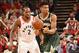 TORONTO, CANADA - MAY 19: Giannis Antetokounmpo #34 of the Milwaukee Bucks passes the ball during the game against Kawhi Leonard #2 of the Toronto Raptors during Game Three of the Eastern Conference Finals of the 2019 NBA Playoffs on May 19, 2019 at the Scotiabank Arena in Toronto, Ontario, Canada. NOTE TO USER: User expressly acknowledges and agrees that, by downloading and or using this Photograph, user is consenting to the terms and conditions of the Getty Images License Agreement. Mandatory Copyright Notice: Copyright 2019 NBAE (Photo by Ron Turenne/NBAE via Getty Images)