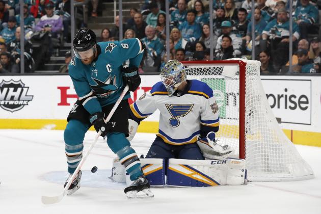 St. Louis Blues goaltender Jordan Binnington (50) makes a save against San Jose Sharks' Joe Pavelski (8) in the first period in Game 5 of the NHL hockey Stanley Cup Western Conference finals in San Jose, Calif., on Sunday, May 19, 2019. (AP Photo/Josie Lepe)