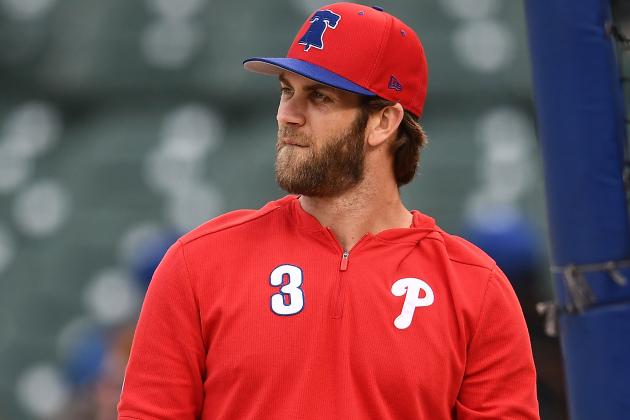 CHICAGO, ILLINOIS - MAY 20:  Bryce Harper #3 of the Philadelphia Phillies participates in warmups prior to a game against the Chicago Cubs at Wrigley Field on May 20, 2019 in Chicago, Illinois. (Photo by Stacy Revere/Getty Images)