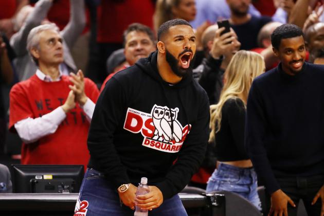 TORONTO, ONTARIO - MAY 21: Rapper Drake reacts during game four of the NBA Eastern Conference Finals between the Milwaukee Bucks and the Toronto Raptors at Scotiabank Arena on May 21, 2019 in Toronto, Canada. NOTE TO USER: User expressly acknowledges and agrees that, by downloading and or using this photograph, User is consenting to the terms and conditions of the Getty Images License Agreement. (Photo by Gregory Shamus/Getty Images)