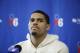 Philadelphia 76ers' Tobias Harris speaks with members of the media during a news conference at the NBA basketball team's practice facility in Camden, N.J., Monday, May 13, 2019. (AP Photo/Matt Rourke)