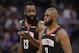 Houston Rockets guard James Harden, left, talks with teammate Chris Paul as they walk off the court during a timeout in the second half of an NBA basketball game against the Sacramento Kings, Tuesday, April 2, 2019, in Sacramento, Calif. The Rockets won 130-105. (AP Photo/Rich Pedroncelli)