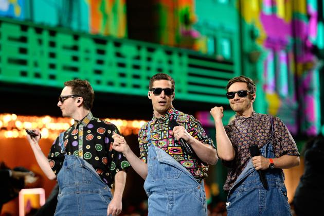 BURBANK, CALIFORNIA - APRIL 09: (L-R) Actors Akiva Schaffer, Andy Samberg and Jorma Taccone of The Lonely Island perform onstage during the 2016 MTV Movie Awards at Warner Bros. Studios on April 9, 2016 in Burbank, California. MTV Movie Awards airs April 10, 2016 at 8pm ET/PT. (Photo by Kevork Djansezian/Getty Images)