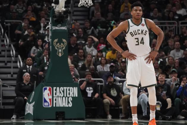 Milwaukee Bucks' Giannis Antetokounmpo pauses during the first half of Game 2 of the NBA Eastern Conference basketball playoff finals against the Toronto Raptors Friday, May 17, 2019, in Milwaukee. (AP Photo/Morry Gash)