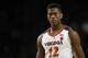 Virginia guard De'Andre Hunter walks on the court in the second half of an NCAA college basketball game against Maryland, Wednesday, Nov. 28, 2018, in College Park, Md. (AP Photo/Patrick Semansky)