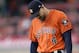 Houston Astros' George Springer leaves the field after being injured during the eighth inning of a baseball game against the Boston Red Sox Friday, May 24, 2019, in Houston. (AP Photo/David J. Phillip)